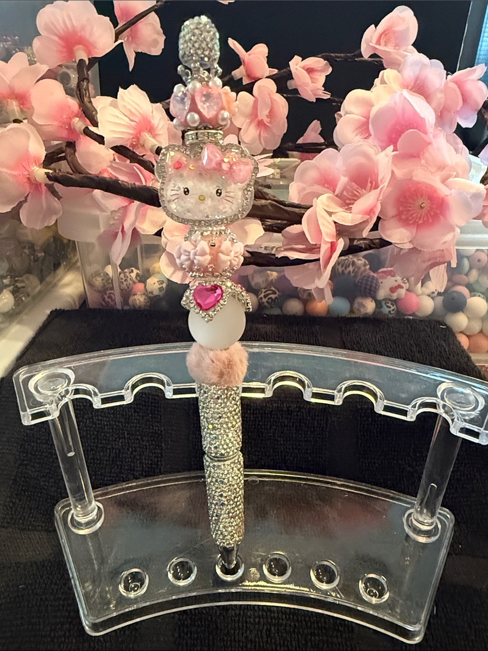 Sparkling Pink Beaded Decorative Pen with Heart Charm